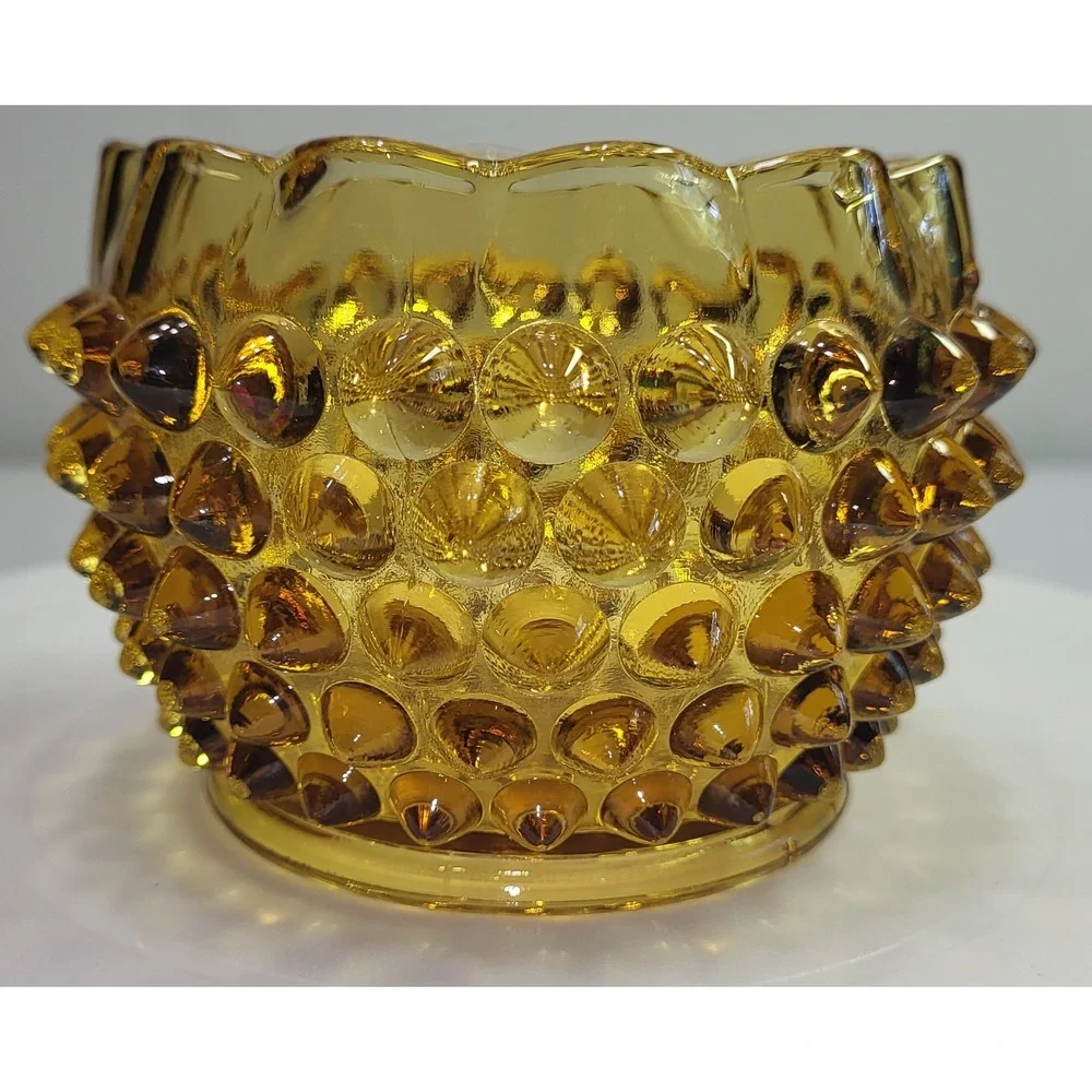 Hobnail Amber Glass Votive Candle Holder Dish Vintage MCM Scalloped‎ Edge